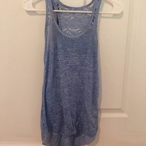 blue tank top with lace-like detailing